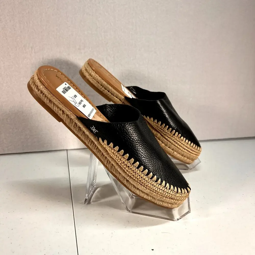 Sam Edelman Black Leather Espadrille Mule Slides Womens 10M Pointed Toe NWOT
